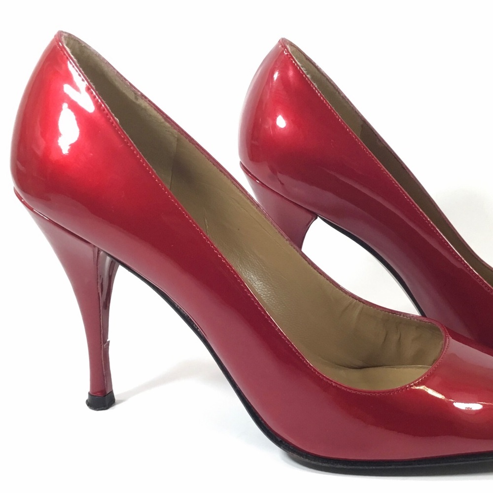Stuart Weitzman red patent leather open toe pumps